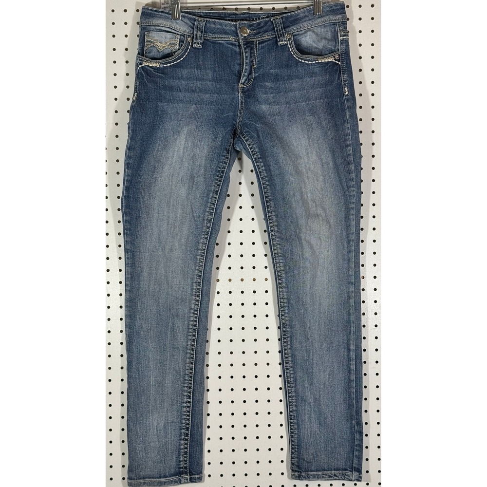 Almost Famous Womens Skinny Jeans Size 13 Medium Wash Embroidered Lace Pockets